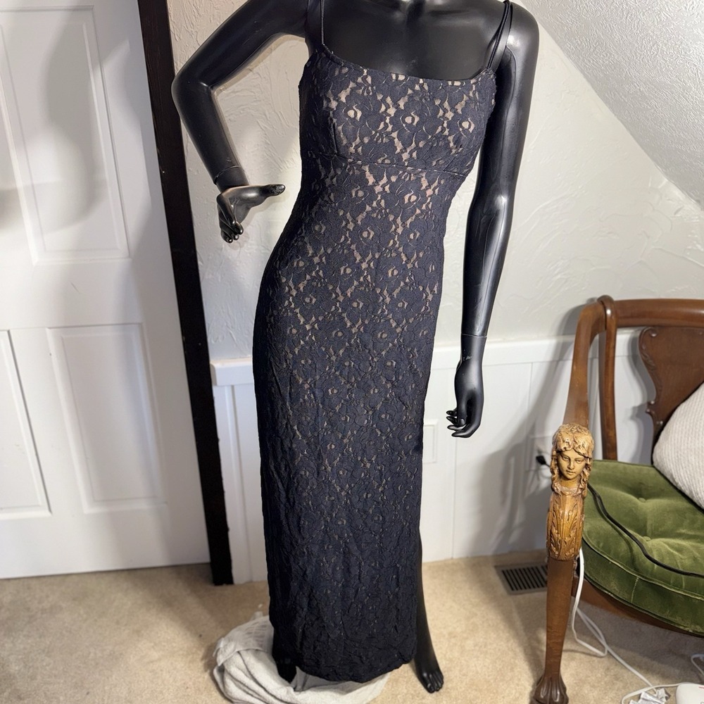 Vintage Betsy & Adam Black Floral Lace Maxi Dress Grudge Era Slipdress FairyGoth